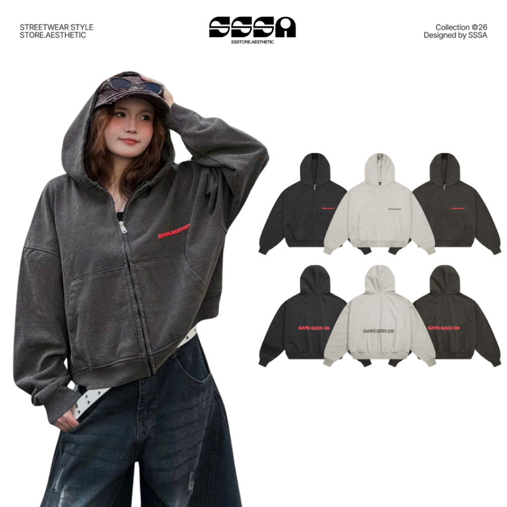 Áo Khoác Zip Wash PREMIUM In Nổi Chất Vải Nỉ Chân Cua Boxy Unisex Form Rộng Nam Nữ SSSTORE.Aesthetic