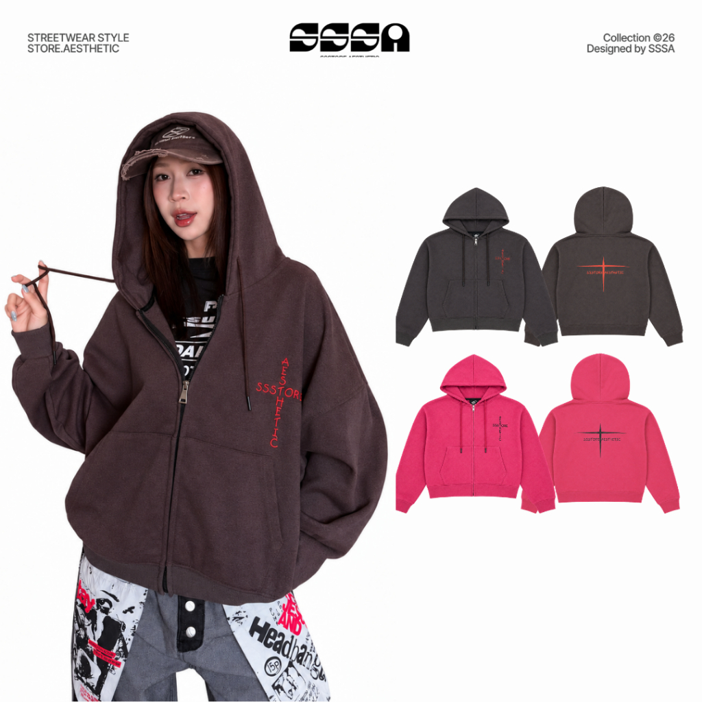 Áo Khoác Zip Dấu Thập Wash Nỉ Chân Cua Form Boxy Unisex Rộng Nam Nữ | SSSTORE.Aesthetic