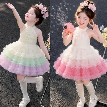 Đầm Công Chúa Bé Gái, Váy Tiểu Thư Thôi Nôi Cổ Yếm Xếp Ly Tùng Phối Nhiều Màu Bồng Xoè- Y3 cầu vồng