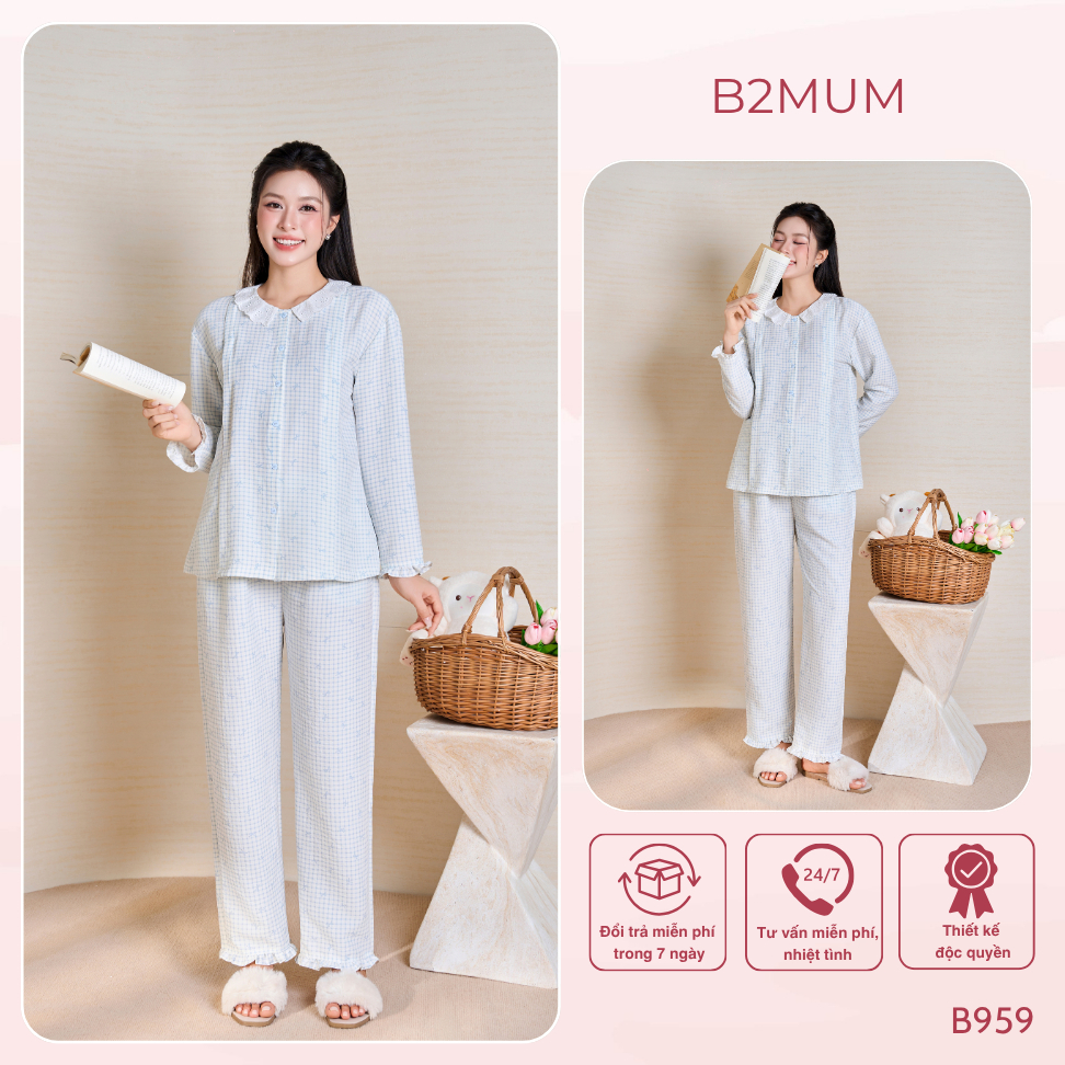 Bộ Pijama Bầu Mặc Nhà Dáng Suông Caro Tay Dài Cổ Ren Thanh Lịch Mặc Nhà, Thoải Mái Dễ Mặc Willow Set B959 by B2MUM