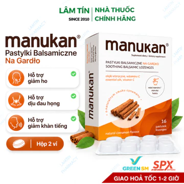 Viên Ngậm Mật Ong Manukan Cinnamon Hỗ Trợ Giảm Ho, Đau Họng, Rát Họng Từ Mật Ong, Quế, Vitamin C ( Hộp 16 viên)