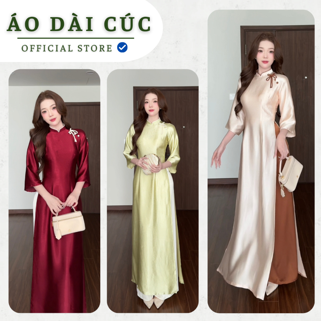 Áo dài UYÊN THƯ ,dáng truyền thống chiết ly,chất liệu lụa TiTan đính nơ cách điệu, tay loe sang trọng - Áo Dài Cúc