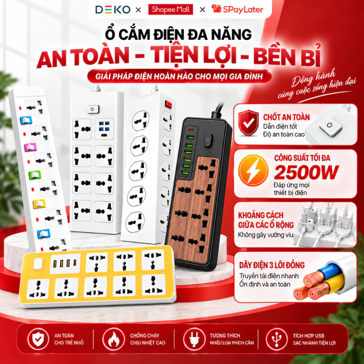 Ổ Cắm Điện Đa Năng Chịu Tải 2500W Dài 4m Cổng USB Có Chốt Bấm Chống Giật An Toàn