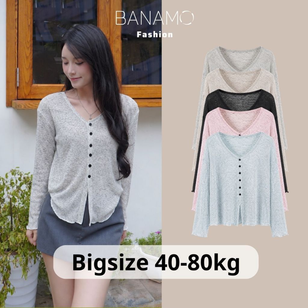 Áo thun nữ BIGSIZE Banamo Fashion cổ V dài tay dáng suông cúc dọc chất len tiêu mềm nhẹ nữ tính 341