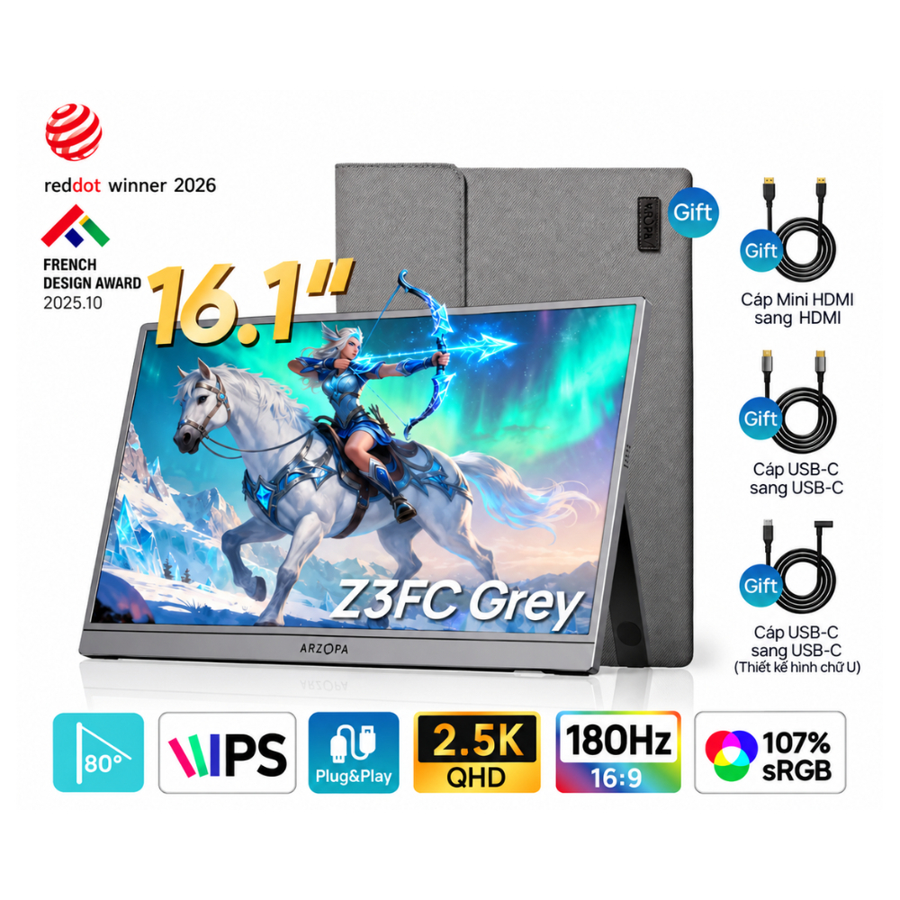 Màn hình di động ARZOPA Z3FC 16.1" IPS 180Hz 2.5K 107% sRGB HDR | Cho PC, Laptop, Mobile | BigBuy360 - bigbuy360.vn