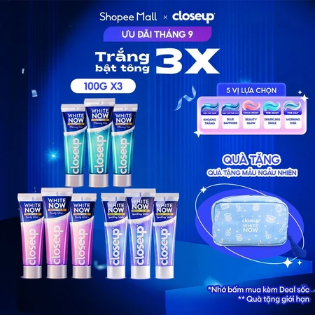 Combo 3 Kem đánh răng Closeup White Now - Trắng Bật Tông 3X TỨC THÌ với Công nghệ Ánh Sáng Xanh 100g