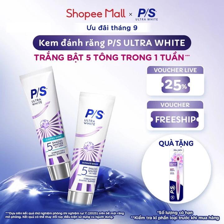 [MỚI][TẶNG BÀN CHẢI] Combo 2 Kem đánh răng P/S Ultra White Trắng Bật 5 Tông 100g | Tặng Bàn Chải P/S Chăm Sóc Nướu