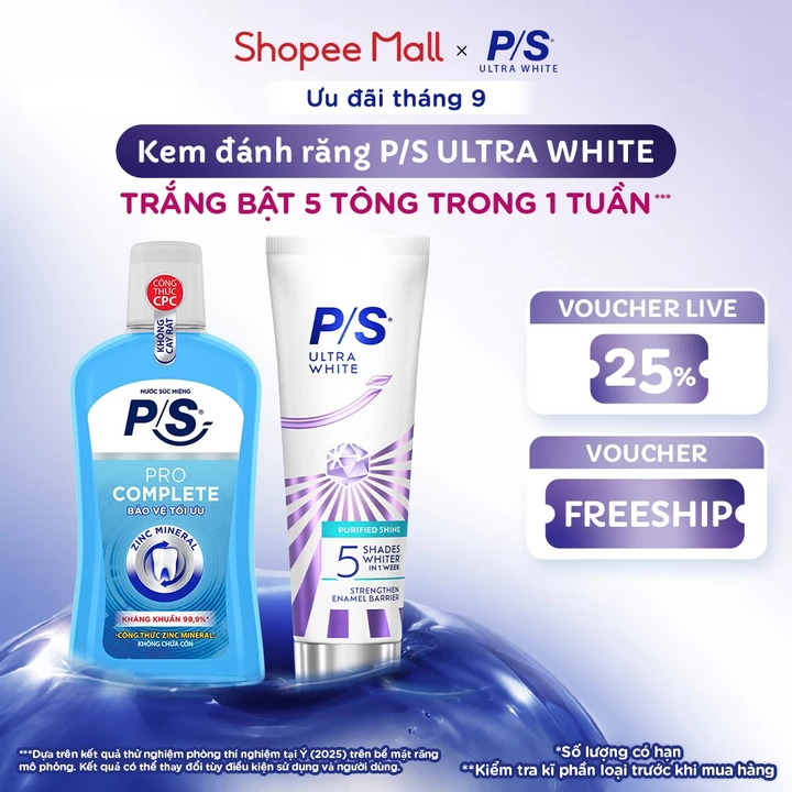 [MỚI] Kem đánh răng P/S Ultra White Trắng Bật 5 Tông 100g + Nước Súc Miệng P/S Kháng Khuẩn 500ml