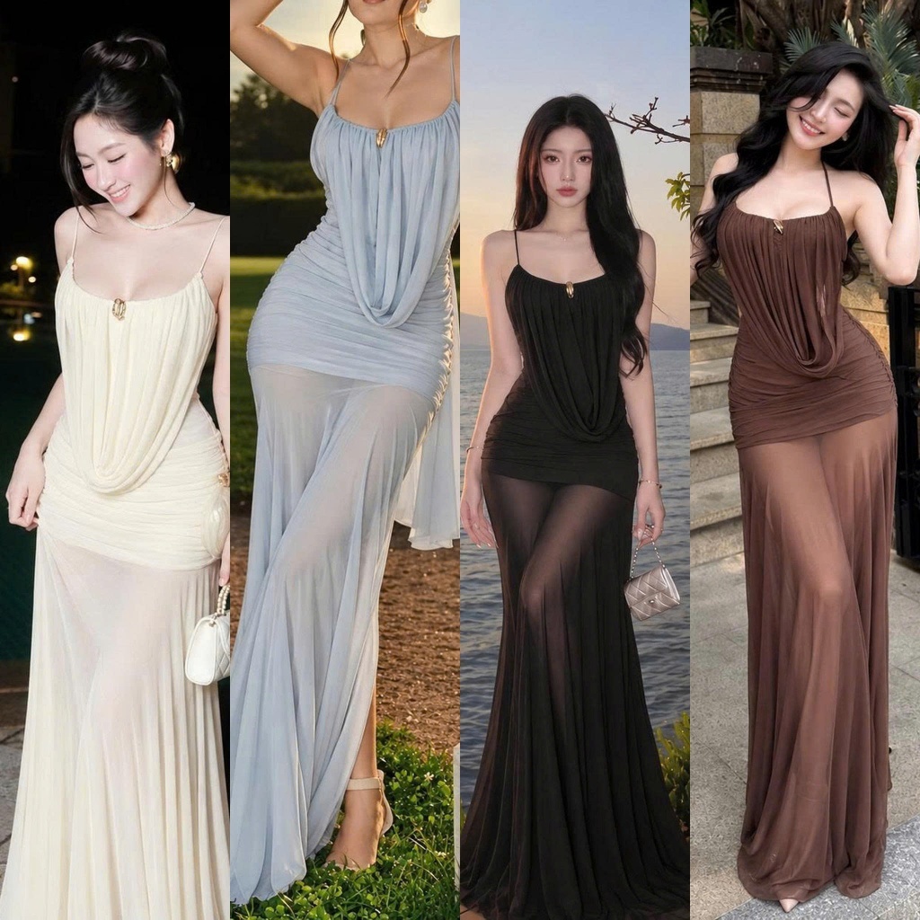 (TẶNG TAG) Đầm Hai Dây Thun Lưới Cổ Đổ Dáng Đuôi Cá Dài Xuyên Thấu Sang Trọng Kieupham.shop