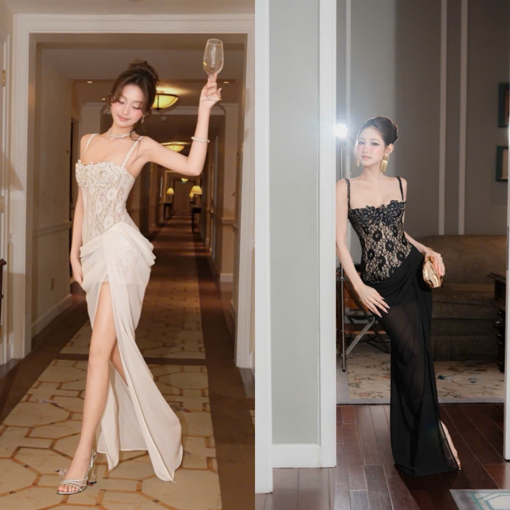 Đầm Ren Hoa 2 Dây Nhún Hông Xẻ Tà Quyến Rũ