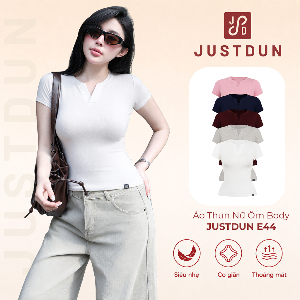 Áo Thun Nữ Ôm Body JUSTDUN E44 – Cổ Trụ Tàu Tay Ngắn, Vải Cotton Mềm Mịn Co Giãn 4 Chiều, Thoáng Mát
