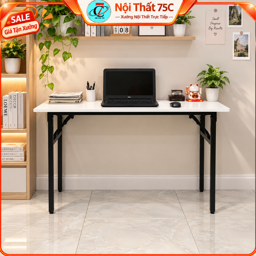 Bàn làm việc chân XẾP gấp gọn, khung sắt dày chắc chắn , lắp ráp sẵn , mặt bàn mdf  phũ melamin