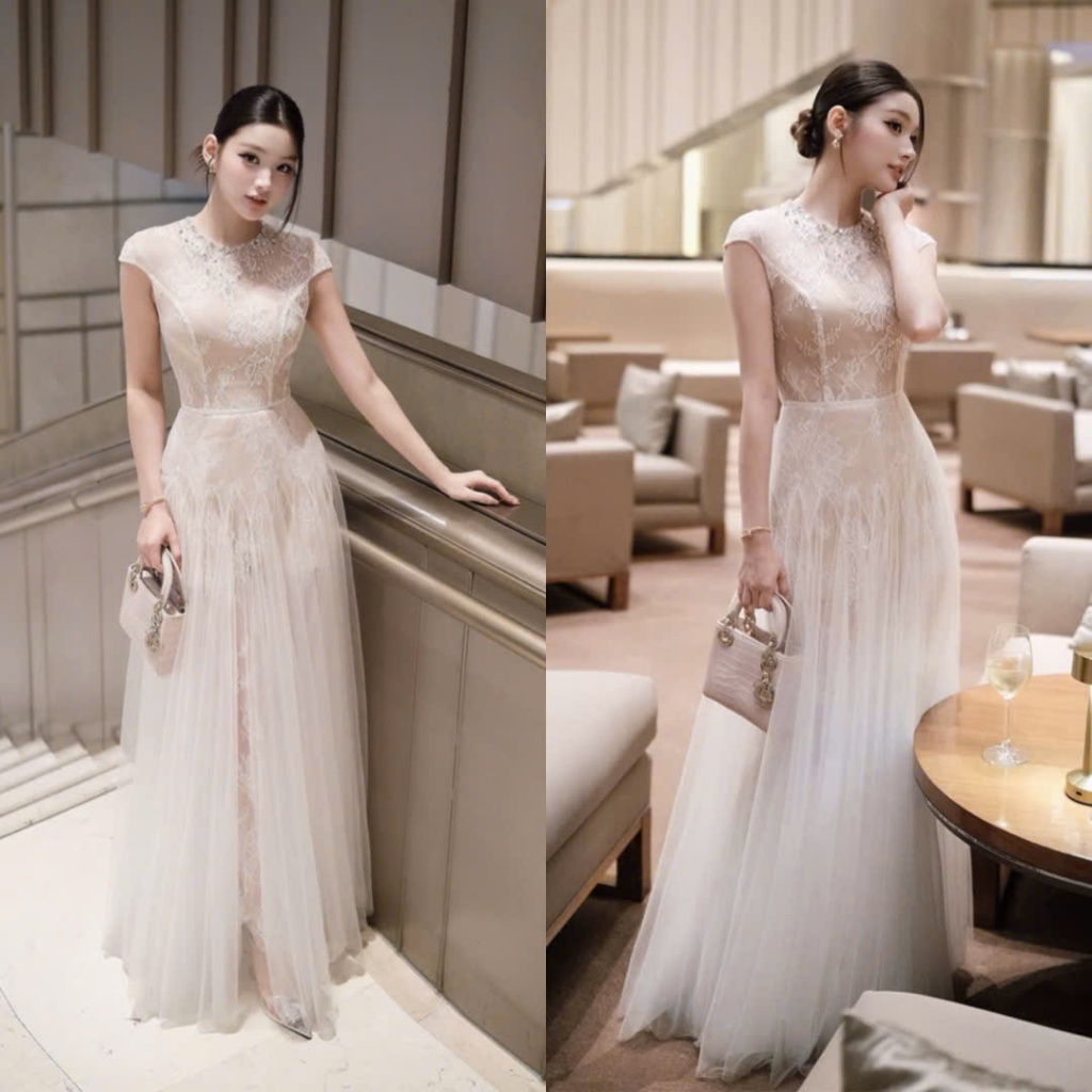 Đầm Dạ Hội Ren Tay Con Kết Đá Cổ Phối Voan Dài Sang Trọng