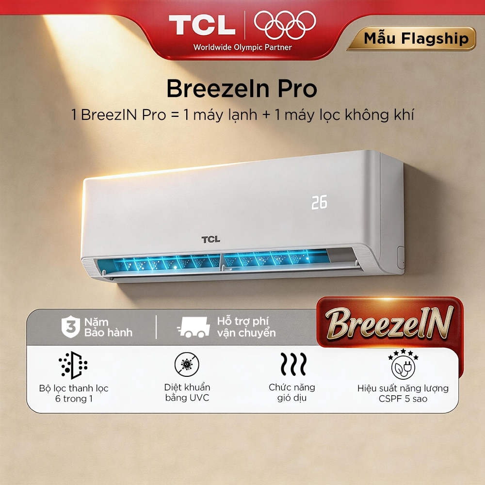 【BreezeIN Pro】Máy lạnh TCL BreezeIN thế hệ mới,bộ lọc thanh lọc 6 trong 1, diệt khuẩn UVC,hiệu suất năng lượng CSPF 5Sao