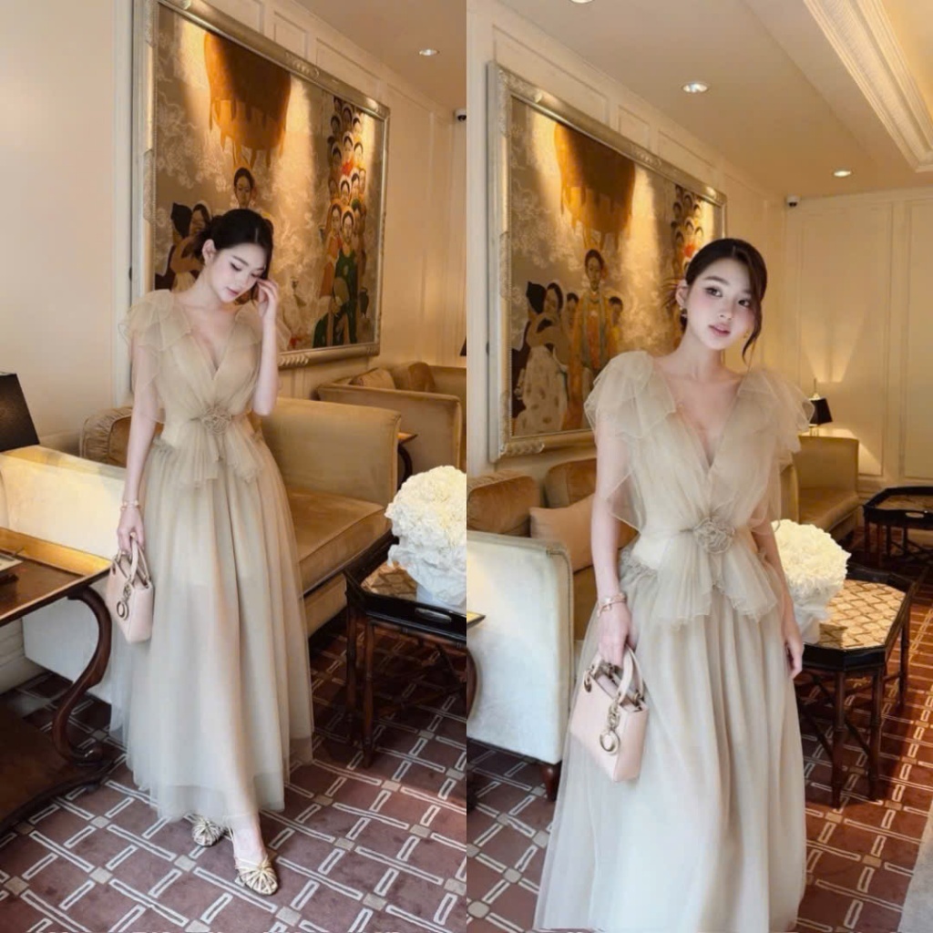 Đầm Voan Maxi Cổ V Tay Cánh Tiên Đính Hoa Eo Dáng Xòe Thanh Lịch Dự Tiệc