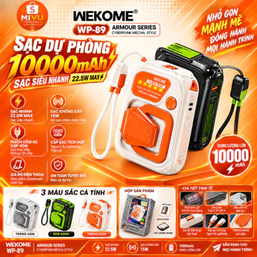 Sạc Dự Phòng WEKOME WP-89 10000mAh Sạc Nhanh 22.5W Vừa Là Củ Sạc Vừa Là Pin Dự Phòng Sạc Không Dây Cáp Tích Hợp