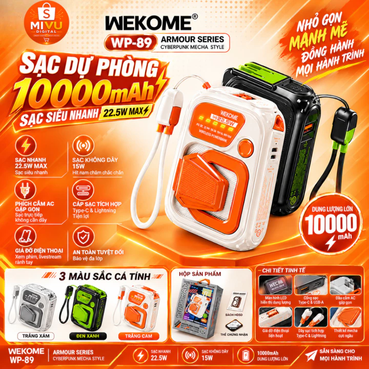 Sạc Dự Phòng WEKOME WP-89 10000mAh Sạc Nhanh 22.5W Vừa Là Củ Sạc Vừa Là Pin Dự Phòng Sạc Không Dây Cáp Tích Hợp