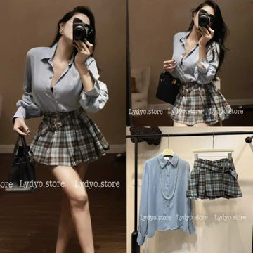 Set váy đầm lenin thô đũi, áo sơ mi xanh basic cổ đức dài, chân váy kẻ caro xếp ly, chân váy ngắn xếp ly có đai lưng