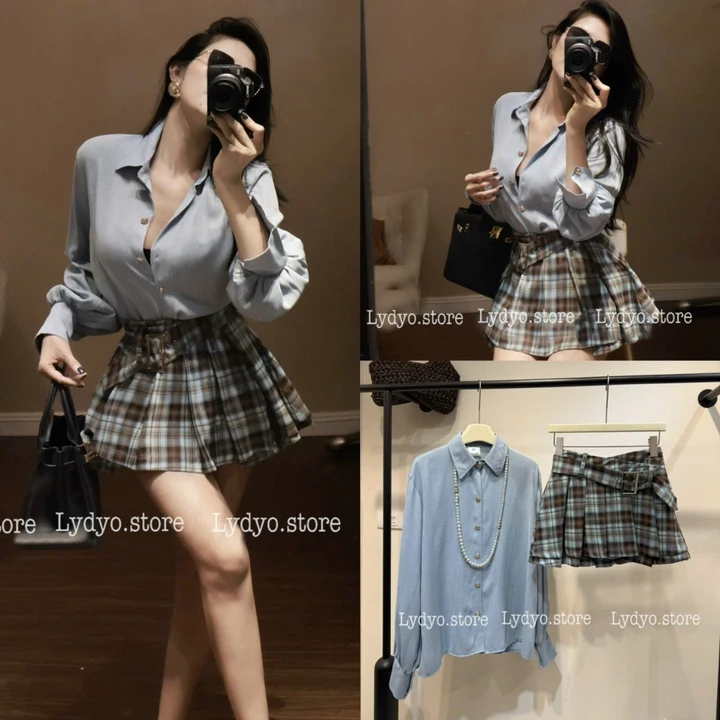 Set váy đầm lenin thô đũi, áo sơ mi xanh basic cổ đức dài, chân váy kẻ caro xếp ly, chân váy ngắn xếp ly có đai lưng