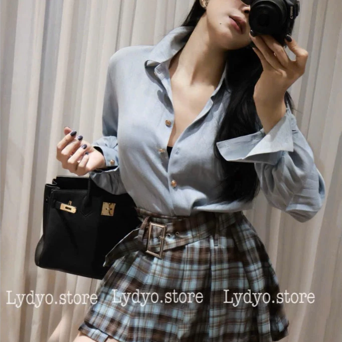 Set váy đầm lenin thô đũi, áo sơ mi xanh basic cổ đức dài, chân váy kẻ caro xếp ly, chân váy ngắn xếp ly có đai lưng