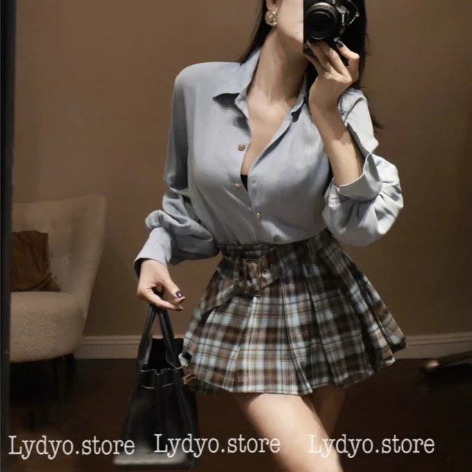 Set váy đầm lenin thô đũi, áo sơ mi xanh basic cổ đức dài, chân váy kẻ caro xếp ly, chân váy ngắn xếp ly có đai lưng