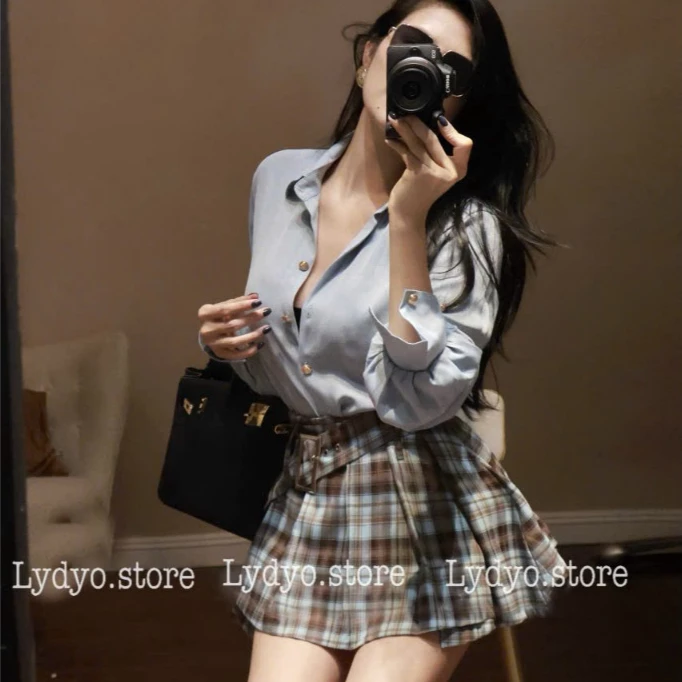 Set váy đầm lenin thô đũi, áo sơ mi xanh basic cổ đức dài, chân váy kẻ caro xếp ly, chân váy ngắn xếp ly có đai lưng