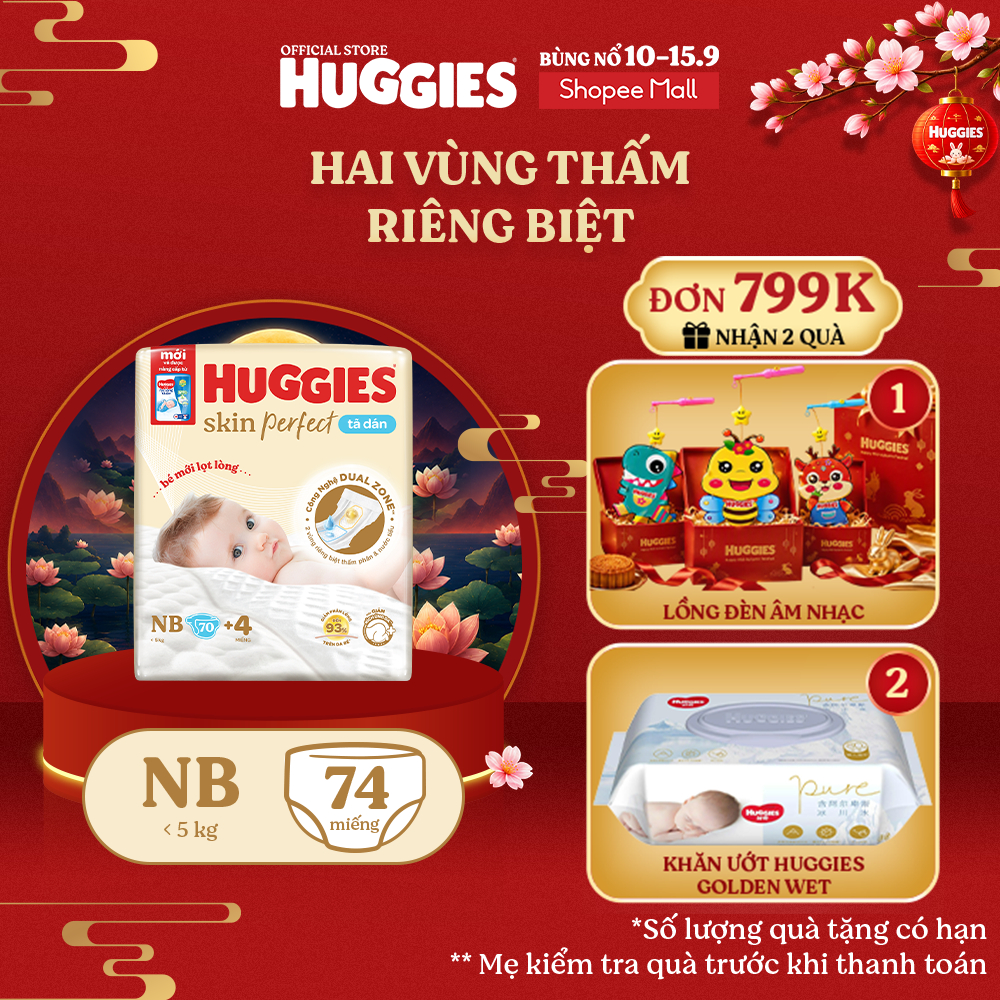 Tã/bỉm dán sơ sinh Huggies Skin Perfect NB70+miếng ngẫu nhiên với 2 vùng thấm giảm kích ứng da