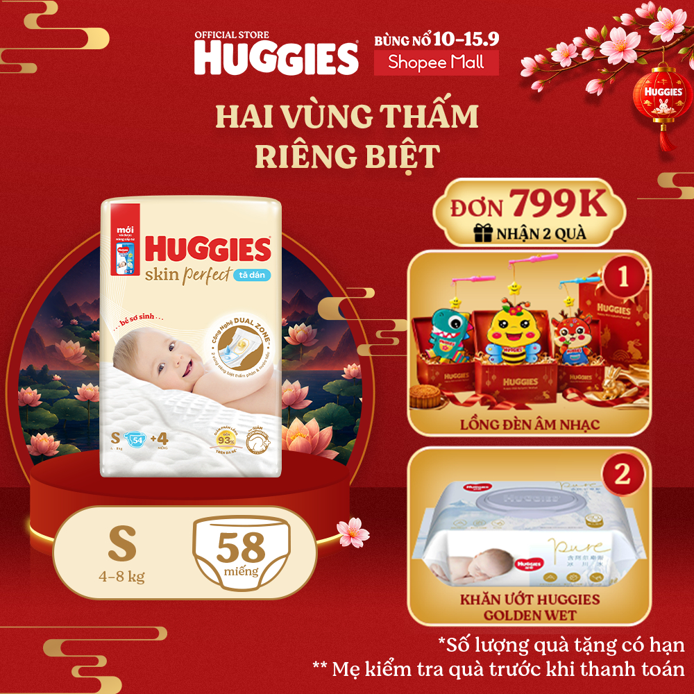 Tã/bỉm dán sơ sinh Huggies Skin Perfect S 54+4 miếng với 2 vùng thấm giảm kích ứng da