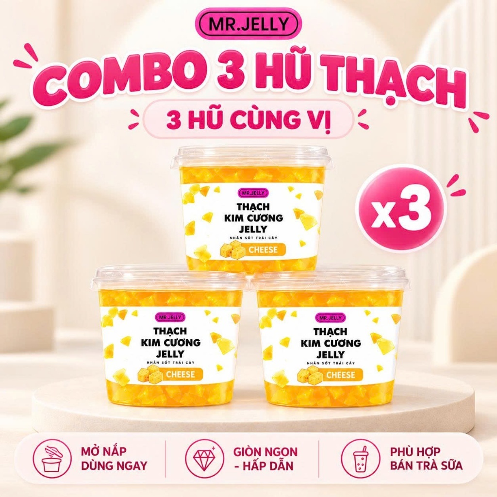 Combo 3 Hũ Thạch Kim Cương Mr. Jelly Nhân Xốt, Topping Trà Sữa Trà Trái Cây Cà Phê Mở Nắp Dùng Ngay