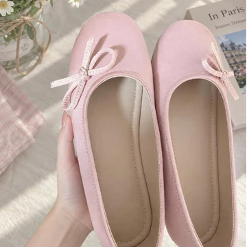 Giày búp bê nữ, giày đế bệt nữ mũi tròn da lộn nơ lệch, giày Maryjane nữ phong cách ballet core dịu dàng Haru Shoes