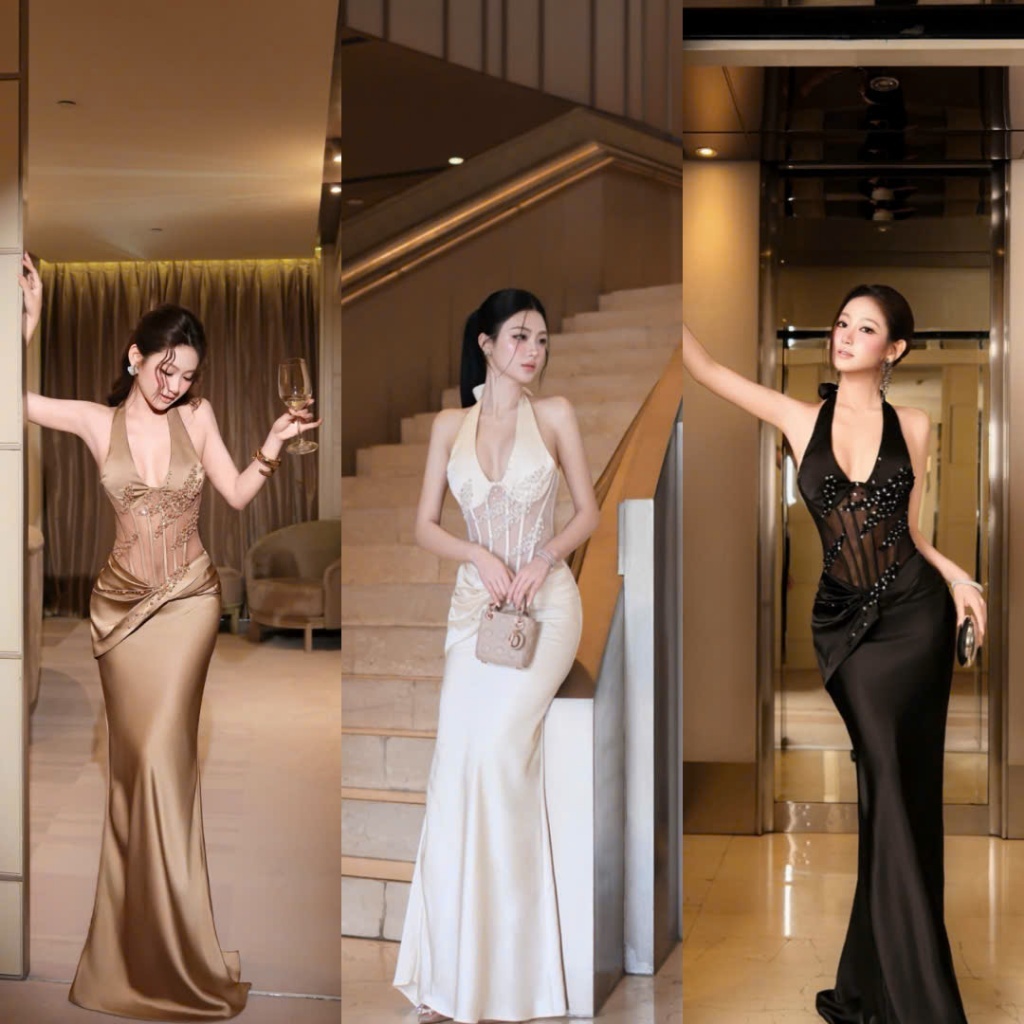 Đầm Cổ Yếm Corset Đính Ngọc Dáng Đuôi Cá Ôm Body Quyến Rũ