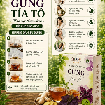 trà gừng tía tô hỗ trợ huyết áp giảm tiêu há làm tráng da ngừa não hoá hỗ trợ tiêu hoá -giảm cảm lạnh-tăng sức đề kháng
