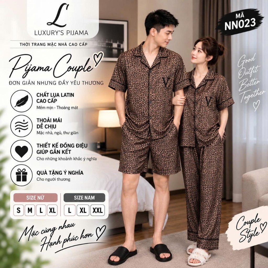 Bộ Pijama COUPLE NAM NỮ LUXURY FASHION lụa Latin cao cấp mềm mát mặc nhà mặc ngủ thoải mái - Beo nâu NN023