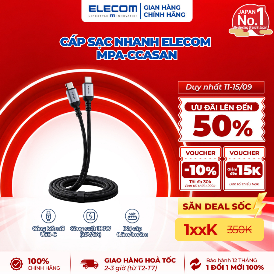 Cáp sạc nhanh đa năng 2in1 Elecom MPA-CCASAN, công suất lớn 100W, công nghệ sạc nhanh USB PD, dây dù siêu bền