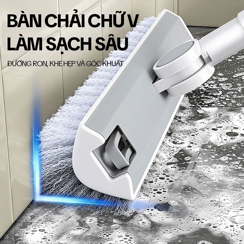 Cây chà sàn nhà tắm KITIMOP CS05, bàn chải chữ V cọ khe góc, kẹp gắp tóc, cán inox 124cm | BigBuy360 - bigbuy360.vn