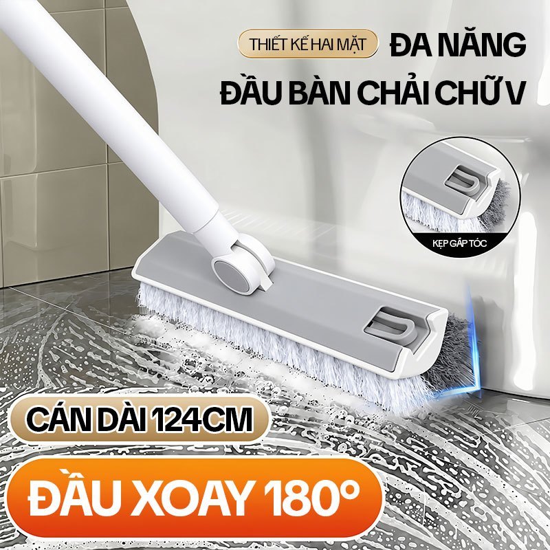 Cây chà sàn nhà tắm KITIMOP CS05, bàn chải chữ V cọ khe góc, kẹp gắp tóc, cán inox 124cm