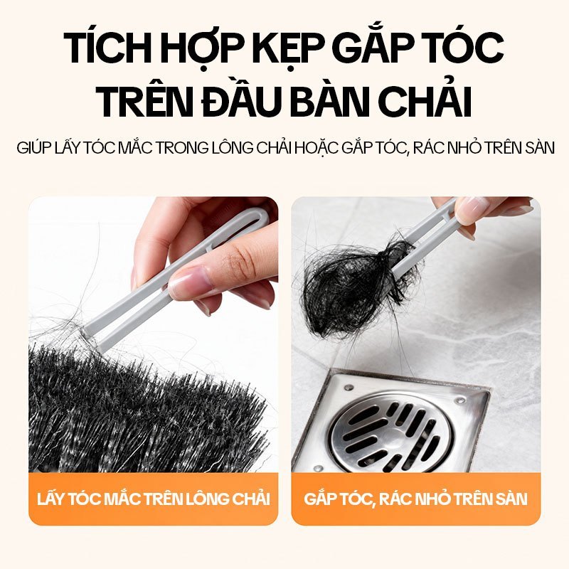 Cây chà sàn nhà tắm KITIMOP CS05, bàn chải chữ V cọ khe góc, kẹp gắp tóc, cán inox 124cm | BigBuy360 - bigbuy360.vn
