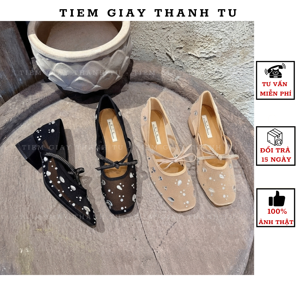 AQ-55 Giày cao gót GYY nữ mũi tròn đính đá phối lưới tiểu thư, giày búp bê gót vuông sang trọng hàng QC Fullbox