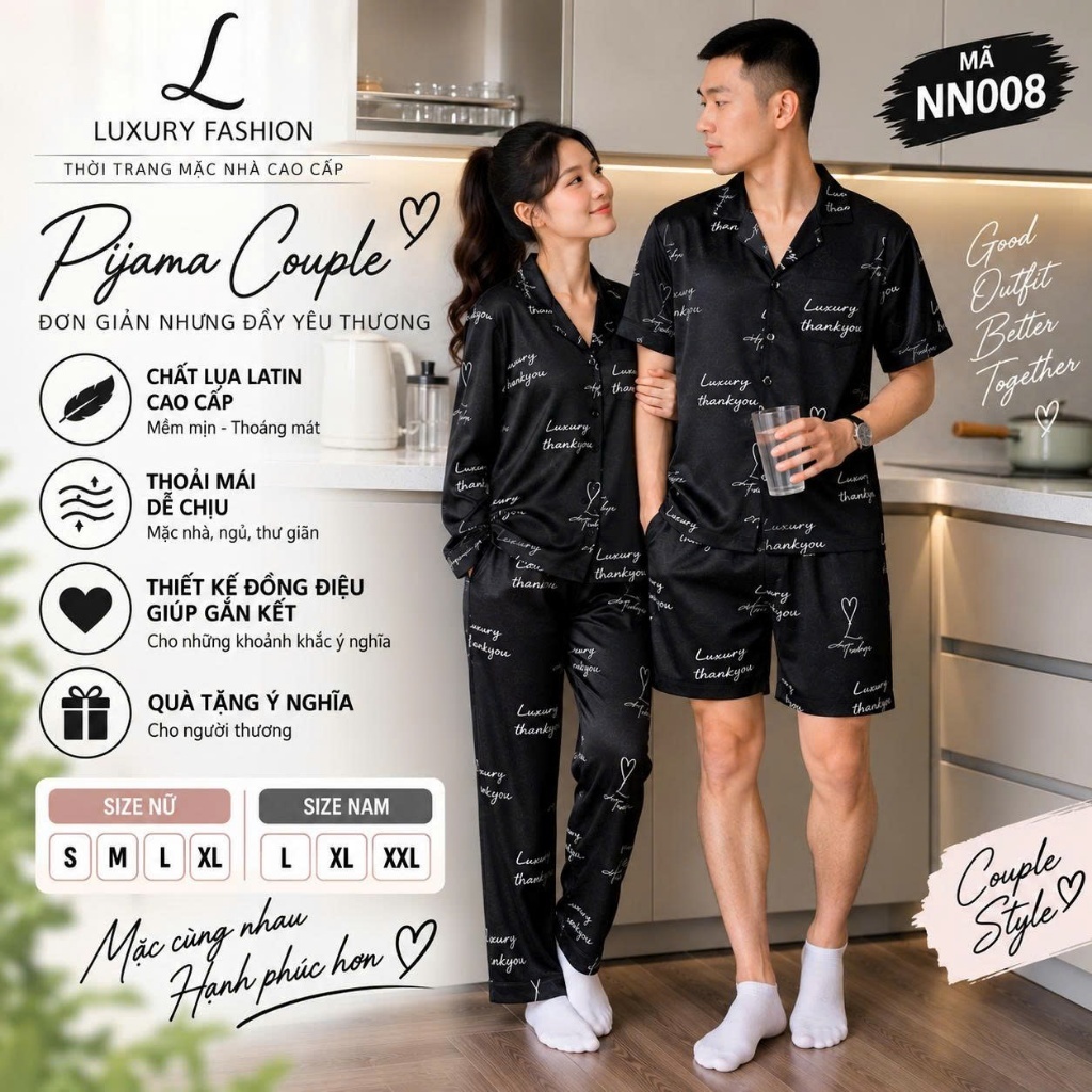 Bộ Pijama COUPLE NAM NỮ LUXURY FASHION lụa Latin cao cấp mềm mát mặc nhà mặc ngủ thoải mái - Đen phối chữ trắng NN008