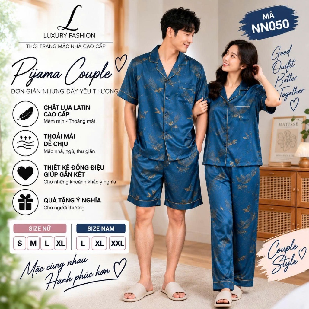 Bộ Pijama COUPLE NAM NỮ LUXURY FASHION lụa Latin cao cấp mềm mát mặc nhà mặc ngủ thoải mái - Xanh lam họa tiết NN050