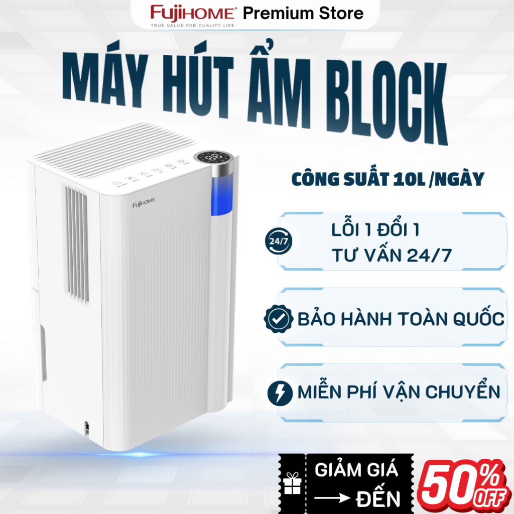 Máy hút ẩm block 10 lít FUJIHOME DH10NEW Lọc không khí Ionizer, công suất 10L, bảo hành toàn quốc