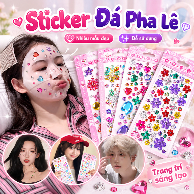 [HOT TREND] Sticker Dán Mặt Nạ Kim Cương Pha Lê Lấp Lánh, Nhãn Dán Hóa Trang Trang Điểm Tự Dính Cute