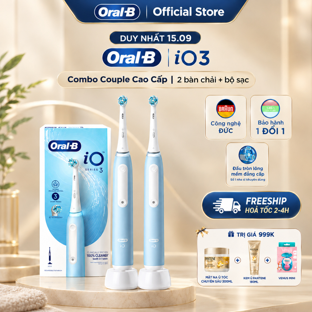 Combo Couple 2 Bàn Chải Điện Oral B Chính Hãng IO3 Cao Cấp Và 2 Đầu Thay Thế, Công Nghệ Chuyển Động 360 Độ - Sạch Sâu