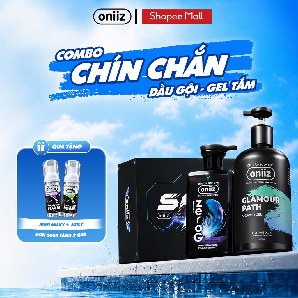 Combo Chín Chắn Oniiz - Sữa tắm hương nước hoa hiện đại 500ml, Dầu gội nam tính mới ZeroG 330ml,Tặng Box đựng cao cấp