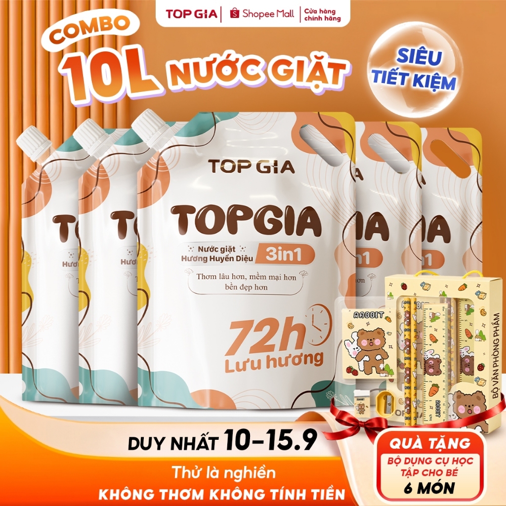 [COMBO 10L] Nước Giặt Xả TopGia 3in1 Hương Huyền Diệu Túi 2L, An Toàn Dịu Nhẹ, Lưu Hương Bền Lâu 72H