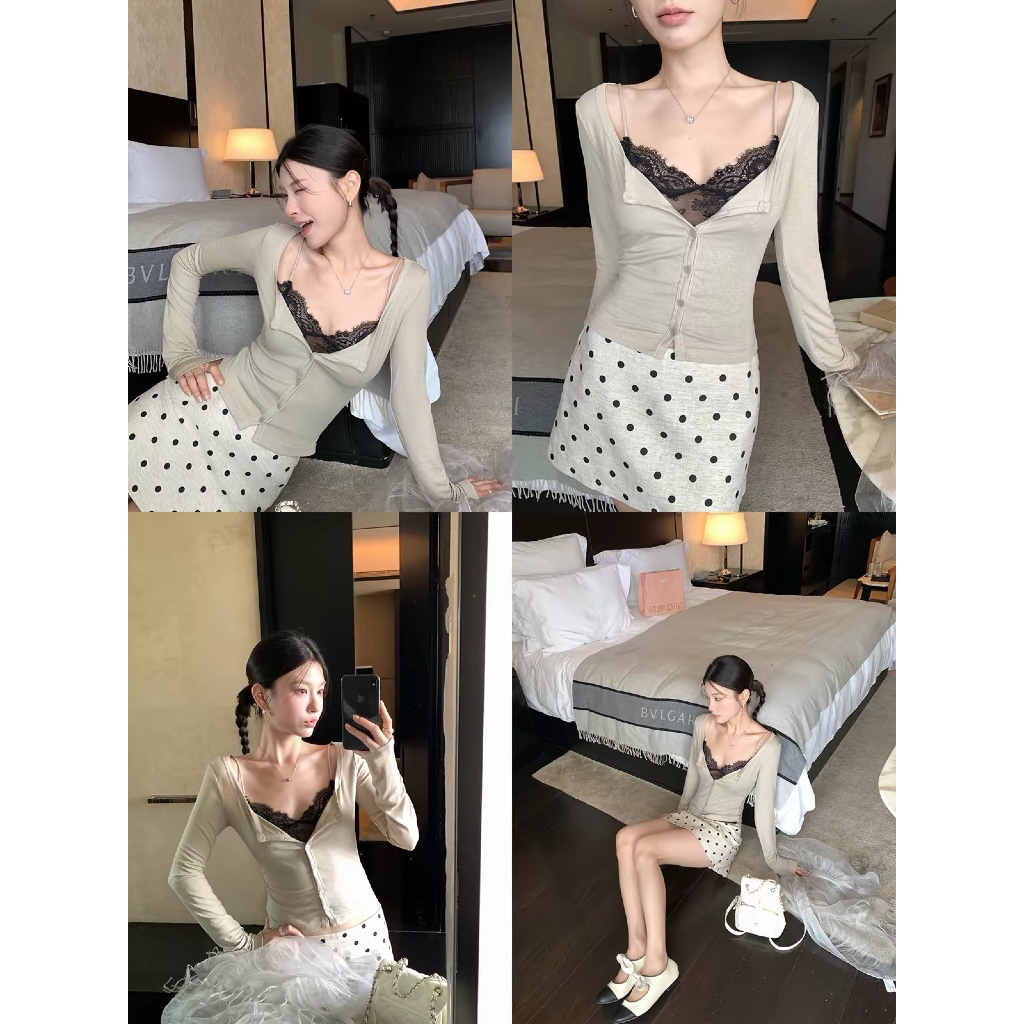 Áo thun nữ dài tay cổ V phối áo hai dây ren – áo ôm dáng cài nút sexy phong cách Hàn Quốc đi chơi, dạo phố [ E_A72 ]