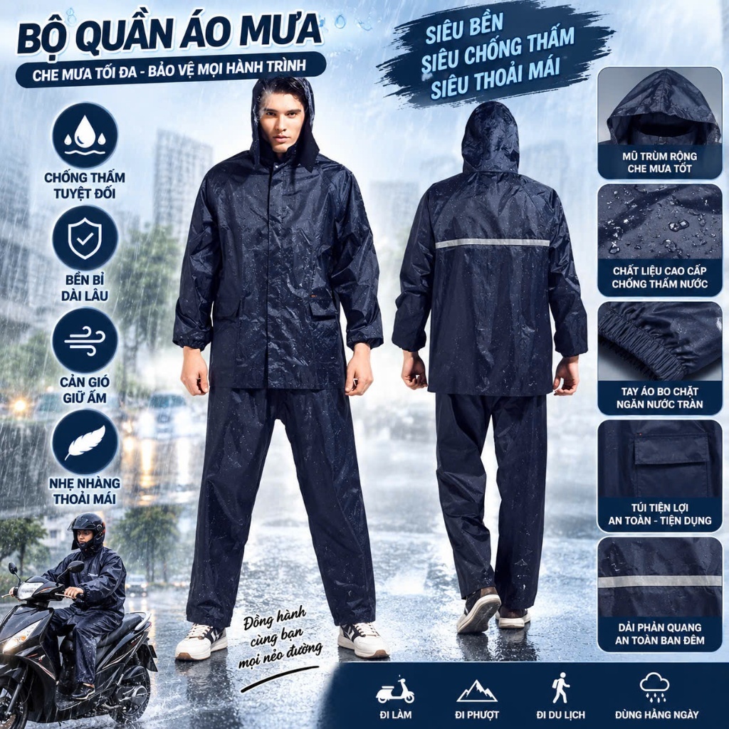 [HỎA TỐC] Áo Mưa Bộ Vải Dù Có Phản Quang Loại Vải Dù Cực Dày Chống Thấm Tuyệt Đối Đủ Size  45 tới 90kg