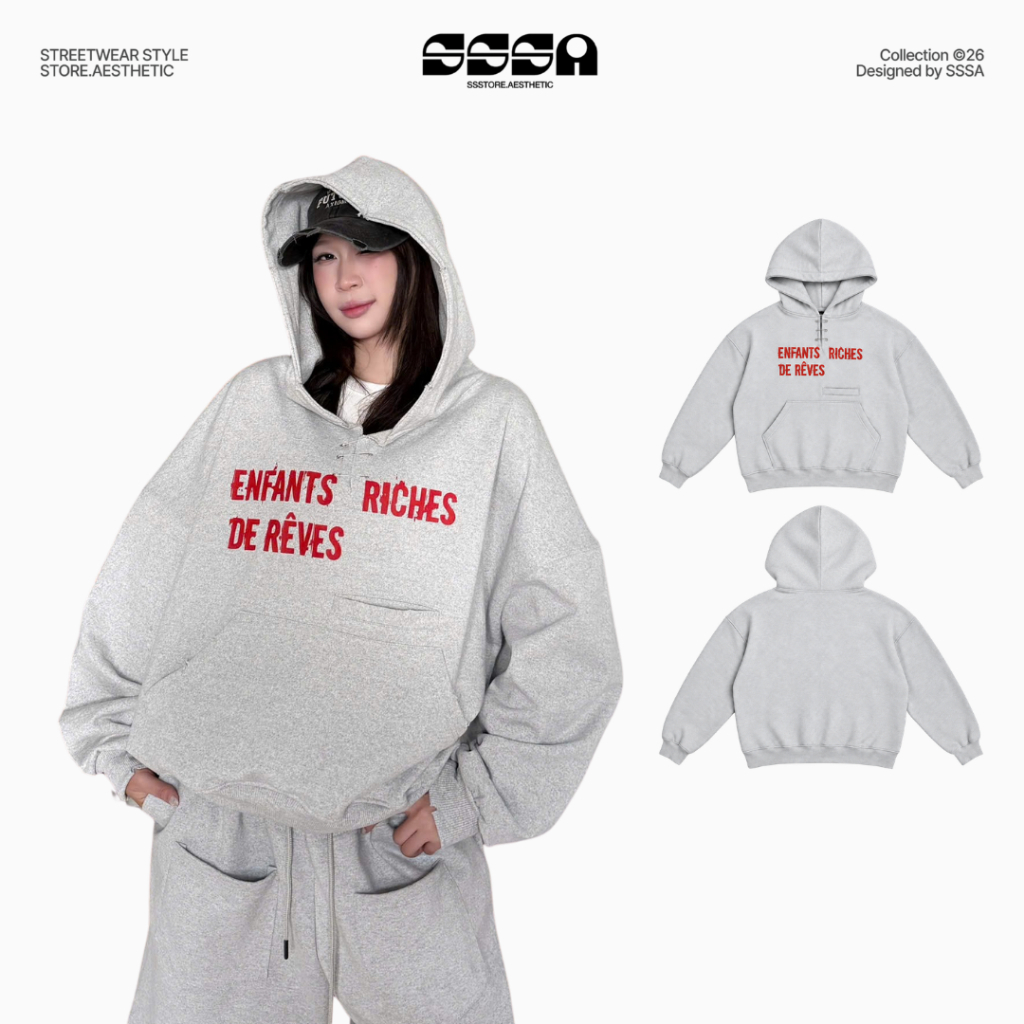 Áo Hoodie Cổ Xẻ Cài Ghim Nỉ Chân Cua Reves Pincut Form Rộng Nam Nữ Cá Tính SSSTORE.Aesthetic