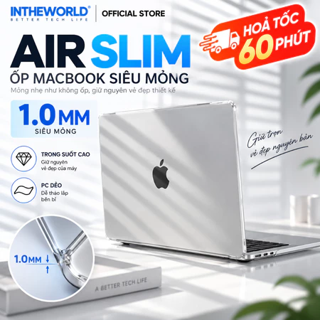 Ốp MacBook Air Pro M1 M2 M3 M4 M5 INTHEWORLD AIR SLIM Siêu Mỏng 1.0mm Trong Suốt, Case Macbook PC Dẻo Chống Trầy - OP02