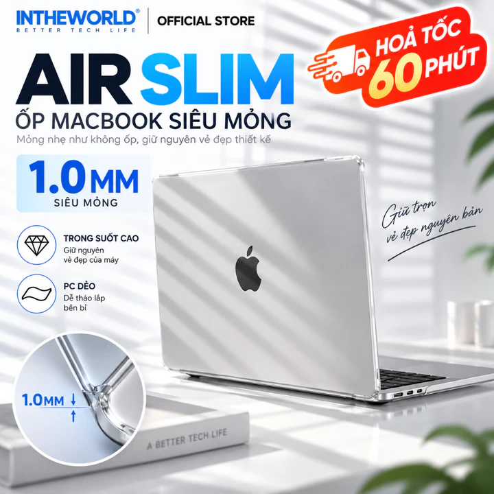 Ốp MacBook Air Pro M1 M2 M3 M4 M5 INTHEWORLD AIR SLIM Siêu Mỏng 1.0mm Trong Suốt, Case Macbook PC Dẻo Chống Trầy - OP02